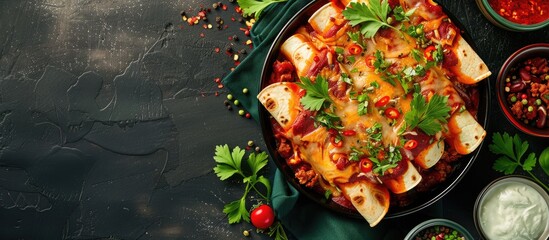 Poster - Chicken and Chorizo Enchiladas. Copy space image. Place for adding text and design