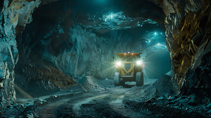 Canvas Print - the interior of a mining tunnel with a heavy-duty mining vehicle in operation