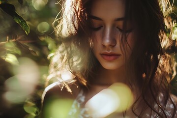 Wall Mural - Beautiful woman with closed eyes in nature, natural light