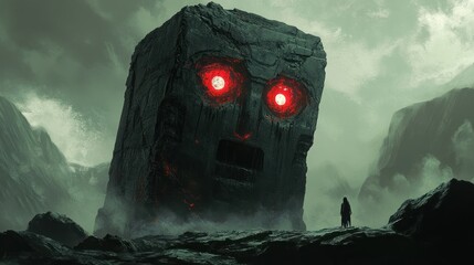 Canvas Print - A Monolithic Face with Glowing Red Eyes Towers Over a Silhouetted Figure in a Foggy Landscape