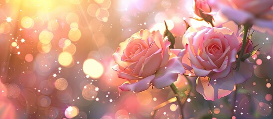 Poster - Twinkling Pink Roses with a Bokeh Effect A clean modern background featuring lovely roses suitable for banners posters social media and wall decorations. Copy space image