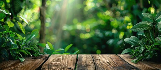 Wall Mural - Bare wooden table against a backdrop of green leaves Copy space for natural products Blurred green nature background