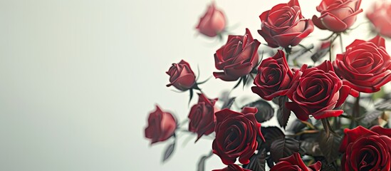 Canvas Print - Close up of a festive bouquet of red roses against a light background seen from the side. Copy space image. Place for adding text and design