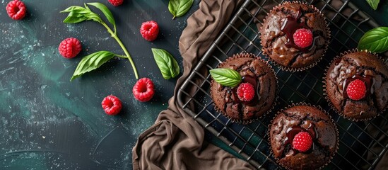 Sticker - Chocolate muffins topped with fresh raspberries and melted chocolate viewed from above Homemade cupcakes are placed on a black metal cooling rack accompanied by brown fabric and green leaves Dark gre