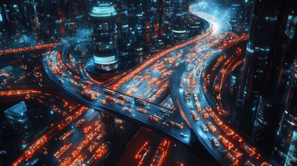 Canvas Print - A Futuristic Cityscape with Intertwined Highways and Illuminated Towers at Night