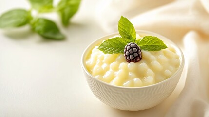 Wall Mural - A serving of milk-based tapioca pudding, isolated on a soft cream background to emphasize the texture and richness of the dish