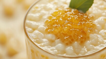 Wall Mural - A serving of milk-based tapioca pudding, isolated on a soft cream background to emphasize the texture and richness of the dish