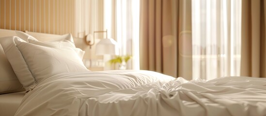 Sticker - Hotel bed with fresh sheets and a pillow. Copy space image. Place for adding text and design