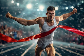 An athlete bursts through the finish line, arms outstretched, celebrating victory in a competitive race while a crowd cheers on in excitement during an evening event