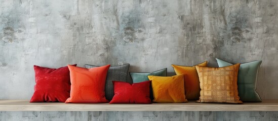 Sticker - Decorative cushions on a shelf against a wall backdrop. Copy space image. Place for adding text and design