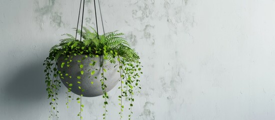 Canvas Print - Green office plant suspended in a gray bowl flower pot basket against a white wall background. Copy space image. Place for adding text and design