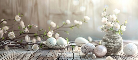 Sticker - Easter table decoration on an aged wooden surface. Copy space image. Place for adding text and design