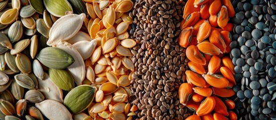 Wall Mural - Top view of various types of seeds pumpkin seeds poppy seeds bean seeds all creating a vibrant mix. Copy space image. Place for adding text and design