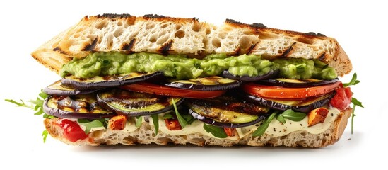 Wall Mural - Sandwich featuring grilled eggplant and avocado mayo. Copy space image. Place for adding text and design