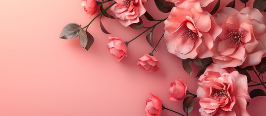 Wall Mural - Flowers arrangement background Lovely pale pink roses on a pale pink backdrop Top view Copy space