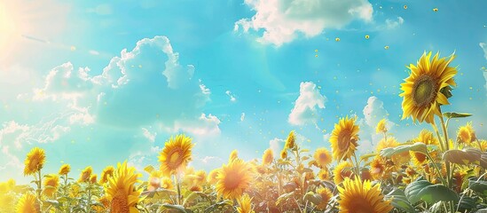 Poster - Sunflowers blossoming beneath the summer sky. Copy space image. Place for adding text and design