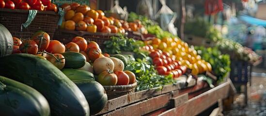 Sticker - vegetables in the market backdrop. Copy space image. Place for adding text and design