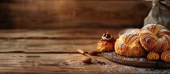 Wall Mural - Board with delicious pastries on a wooden surface. Copy space image. Place for adding text and design