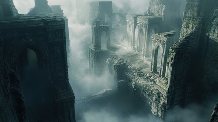 Canvas Print - Ruins of a Mystical Ancient City Swathed in Fog