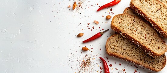 Rye bread topped with red chili peppers and salt on a white background Chopped baked goods made from different types of grain flour A loaf cut into slices for breakfast toast Copy space wallpaper