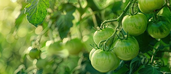 Canvas Print - Ripe green tomatoes hanging in the garden Bush varieties. Copy space image. Place for adding text and design