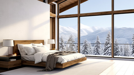 Interior of modern bedroom with white walls, wooden floor, panoramic window and mountain view.