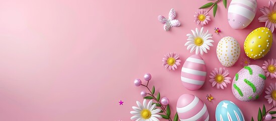 Poster - Easter card template on a pink background. Copy space image. Place for adding text and design