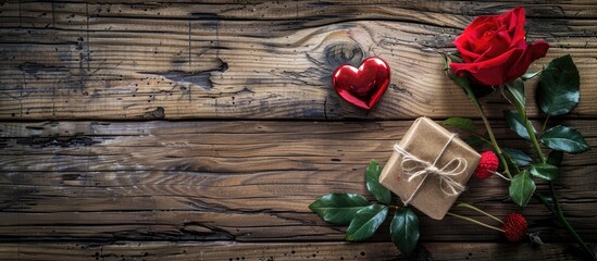 Sticker - Red rose red heart and a gift box on a rustic wooden background with copyspace for text