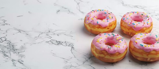 Wall Mural - Tasty donuts on the marble table. Copy space image. Place for adding text and design