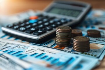 Coins and a calculator on a table, business background