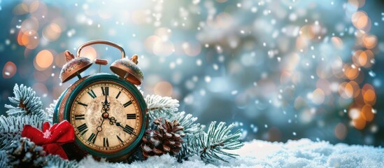 Wall Mural - Christmas clock adorned with winter decorations on snow New year celebration theme. Copy space image. Place for adding text and design