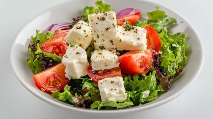 A serving of chevre chaud salad with warm goat cheese, isolated on a light grey background to focus on the contrast of textures