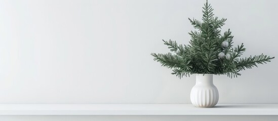 Christmas and New Year home decorations Empty white wall mockup featuring green fir branches in a vase on a white table Mockup for showcasing designs. Copy space image