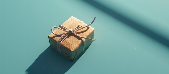 Canvas Print - A single gift in craft packaging on a blue backdrop with a shadow. Copy space image. Place for adding text and design