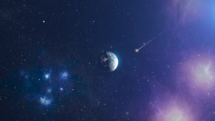 Wall Mural - burning meteor flying toward planet earth, outer space view 3d rendering of planet earth with potent