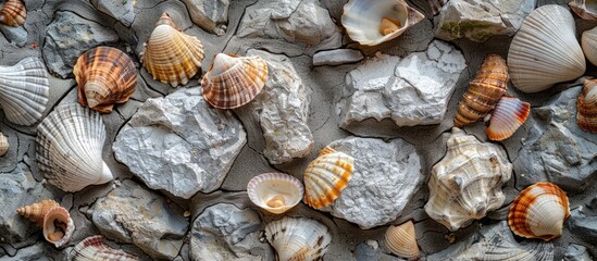 Wall Mural - Stone wall texture featuring seashells Background. Copy space image. Place for adding text and design