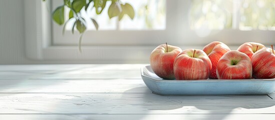 Sticker - apples on a blue tray white wooden table. Copy space image. Place for adding text and design