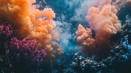 Wall Mural - Abstract underwater scene with colorful coral and orange smoke clouds. Nature, ocean, abstract, art, design, background.