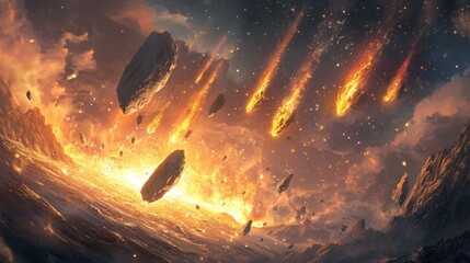 Canvas Print - A fiery meteor shower impacts a rocky planet, creating a blazing landscape.