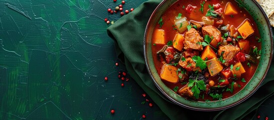 Wall Mural - Tasty homemade stew in a bowl on a green backdrop closeup. Copy space image. Place for adding text and design