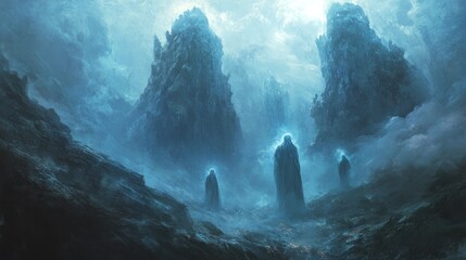 Poster - Three Figures in Mist-Shrouded Mountains