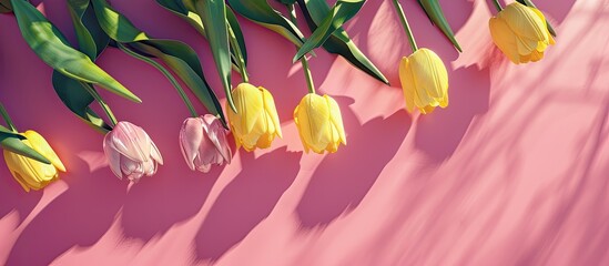 Poster - Flat lay abstract background of spring flowers featuring yellow tulips casting hard shadows on pink with copy space