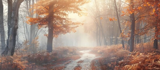 Canvas Print - Forest path on a foggy autumn morning. Copy space image. Place for adding text and design