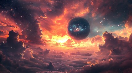 Wall Mural - Fantasy Space Scene with a Giant Red Planet and a Black Hole in the Clouds