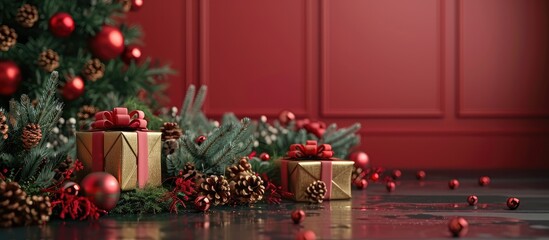 Sticker - Christmas backdrop featuring decorations and gift boxes. Copy space image. Place for adding text and design