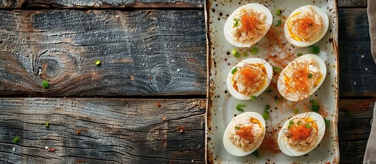 Canvas Print - Eggs filled with tuna a layer of mayonnaise and grated yolk Served on a rectangular plate on a rustic table. Copy space image. Place for adding text and design