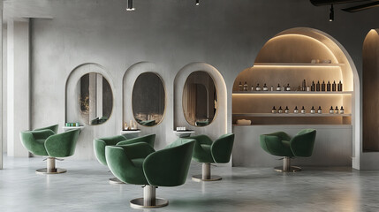 “3D rendering of a luxury light salon interior featuring oval mirrors and a row of green armchairs on a concrete floor. Includes built-in arched shelves with bottles, side view accessories, and modern