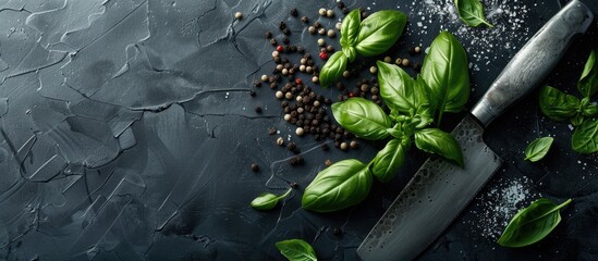 Canvas Print - Culinary context Basil black pepper and a kitchen knife on a black background Space available for text. Copy space image. Place for adding text and design