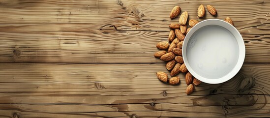 Sticker - High angle view of almonds and milk in a white bowl on a textured wooden background Various plant based vegan milks and ingredients top view copy space Dairy free milk alternative healthy eating