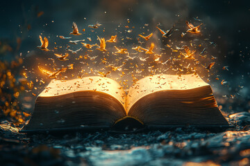 Poster - an open book with its pages turning into birds flying away, symbolizing the power of knowledge and i